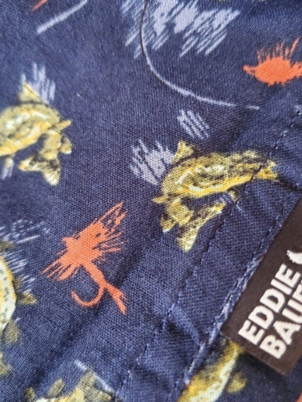 Eddie Bauer Baja Shirt Brook Fish Bait Cotton Navy Button Up Short Sleeve TXL - Picture 2 of 10